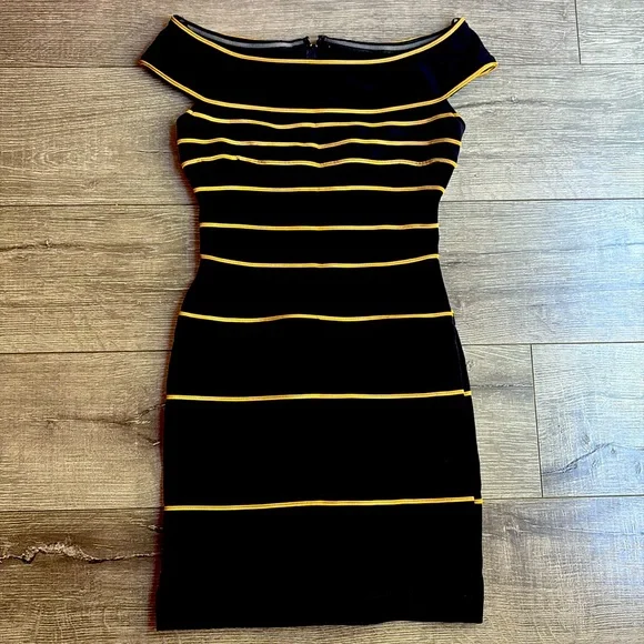 Tadashi Shoji Bodycon Gold And Black Scuba Knit Mini Dress, NWT - Picture 2 of 7